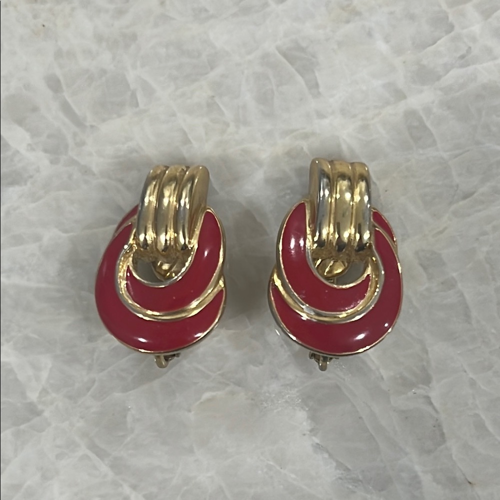 Gold and Red Hoop Clip On Earrings by Trifari